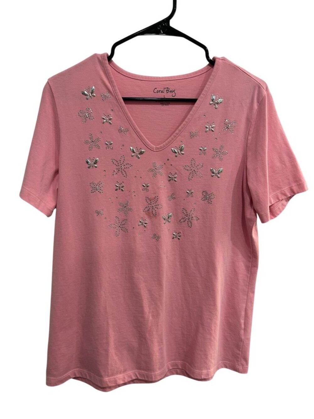 Coral Bay Pink V-Neck Silver Embellished Floral Butterfly Tee Size L Coquette